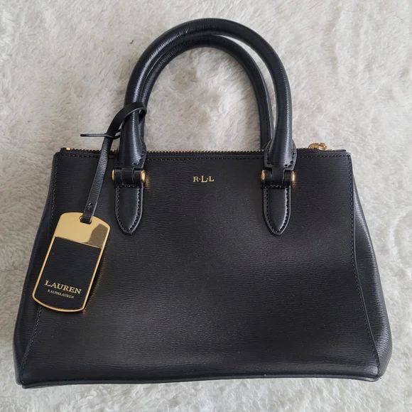 Ralph Lauren Mini Newbury Leather Double Zip Bag Black Gold Handbag Purse - Picture 2 of 7